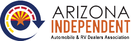 Logo of the Arizona Independent Automobile and RV Dealers Association featuring a circular Arizona state emblem and bold typography.