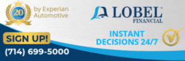 Lobel Financial banner promoting auto dealer financing and DealWriter services with contact info.